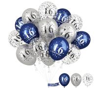 16th Birthday Decorations Boys, Pack of 15 Happy 16th Birthday Balloons Latex Helium Navy Blue Silver Confetti Balloons for Age Sixteen 16 Years Old Birthday Party Decorations Celebration Supplies