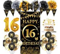 16th Birthday Decorations Boys Set - 37 Pcs Black Gold Party Supplies with Backdrop Banner, Number 16 Foil Balloons, Latex Balloons and Paper Pom Poms for Adult 16th Milestone Celebration