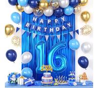 16th Birthday Decorations, Dark Happy Birthday Party Decorations With Number 16 Balloons Metallic Gold Pearl White Light Blue Fringe Curtain Banner Cake Topper For Party Supplies
