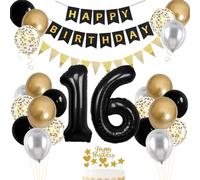 16th Birthday Decorations for Boy Girl - Number 16 Foil Balloon, Black Gold Silver Balloons, Happy Birthday Banner, Cake Topper for Party Decoration