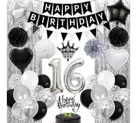 16th Birthday Decorations for Boys - 65Pcs Black and Silver Happy Birthday Banner Tinsel Curtain Cake Topper Tissue Paper Pom Poms Latex Star Love Crown Number Balloons for 16 Years Old Party Supplies