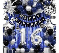 16th Birthday Decorations for Boys and Girls, Black Blue Silver Happy Birthday Number 16 Balloons, Banner, Fringe Curtains Garland Kit - 16 Year Old Party Supplies