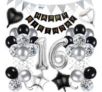 16th Birthday Decorations for Boys Black and Silver Birthday Decorations Include Pennants, Banners, Love Balloon, Star Balloon, Number Foil Balloons, Latex Balloons, Ribbon, Suitable for 16th Party