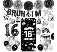 16th Birthday Decorations for Boys - Black Bruh I'm 16 Years Old Bday Door Sign Backdrop Banners and Hanging Swirls Balloons Cake Topper Paper Fans Set for Boys Son Brother Birthday Party Supplies