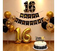 16th Birthday Decorations for Boys, Black Gold Balloons Party Decoration with LED Light Up Marquee Numbers Sign, 32inch Number 16 Balloons, Happy Birthday Banner, Cake Topper for 16th Party Decor