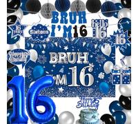 16th Birthday Decorations for Boys - Blue “BRUH I’M 16” Banner, 32” Number 16 Balloon, Black/Blue/Silver Balloons, Hanging Swirls & 6 Colorful Honeycomb Balls - Sweet 16 Party Supplies