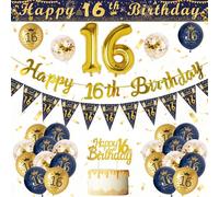 16th Birthday Decorations for Boys, Blue Gold 16 Birthday Decorations,Happy 16th Birthday Banner,16th Balloons,270 * 15cm Cuttable Banner,Foil Balloons,Cake Topper 16 Birthday Party Supplies for Boys