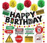 16th Birthday Decorations for Boys Car Themed Birthday Party Decorations with Happy Birthday Banner Hanging Swirls Paper Pom Poms