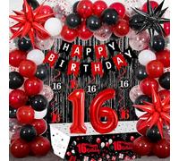 16th Birthday Decorations for Boys & Girls, 84 PCS Red Black 16th Party Decorations, Birthday Party Supplie with Banner, Fringe Backdrop, Foil Star Balloons, Hanging Swirls, Tablecloth Garland Arch
