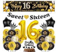 16th Birthday Decorations for Boys Girls - Black Gold Sweet Sixteen Happy 16th Birthday Yard Banner, Star Crown Number Foil Balloons Confetti Balloon Cake Topper for 16 Years Old Party Supplie