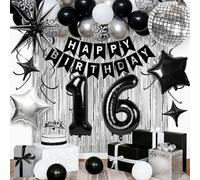 16th Birthday Decorations for Boys Girls, Black Silver Happy Birthday Party Decorations， 16 Year Old Party Supplies with Number 16 Balloons, Banner, Fringe Curtains Kit