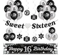 16th Birthday Decorations for Boys Girls - Black Silver Sweet Sixteen Garland Hanging Swirls Decor, Happy 16th Birthday Yard Banner and Latex Balloons for 16 Years Old Party Supplies