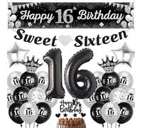 16th Birthday Decorations for Boys Girls - Black Silver Sweet Sixteen Happy 16th Birthday Yard Banner, Star Heart Crown Number Foil Balloons Confetti Balloon Cake Topper for 16 Years Old Party Supplie