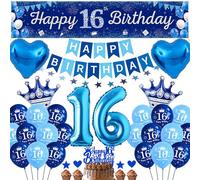 16th Birthday Decorations for Boys Girls - Navy Blue Party Decoration Supplies Star Garland, Happy 16th Birthday Yard Banners and Heart Crown Number 16 Foil Balloons Cake Toppers
