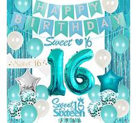 16th Birthday Decorations for Girl Teal - Sweet 16th Birthday Party Supplies Banner Sash Cake Topper Turquoise Fringe Curtain Number 16 Balloon for Sixteen Birthday Decor