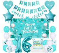 16th Birthday Decorations for Girls - 27Pcs Teal Sweet 16th Birthday Party Decor Number 16 Foil Balloon Sweet Sixteen Banner Happy Backdrop Star Balloons for Sixteen Birthdays Supplies