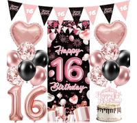 16th Birthday Decorations for Girls | Black Rosegold Party Supplies Banner Backdrop Cake Topper Balloons, Sweet 16 Decor Girls' Sixteen Years Old Party Decorations