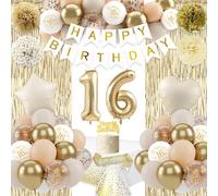 16th Birthday Decorations for Girls, Boho Sand White Gold Balloons, 16th Party Decorations, Happy Birthday Banner, Golden Fringe Curtain Tablecloth Sash Paper Pom Poms for Girls Party Supplies