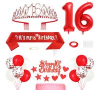 16th Birthday Decorations for Girls, Princess Crown Queen Tiara, It's My 16th Birthday Sash, 16 Year old Cake Topper, Number Balloons Set for Party Supplies, Red