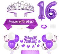 16th Birthday Decorations for Girls, Princess Crown Queen Tiara, It's My 16th Birthday Sash, 16 Year old Cake Topper, Number Balloons Set for Party Supplies, Purple