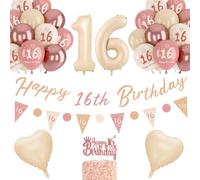 16th Birthday Decorations for Girls - Retro Blush Pink Balloons, Banner, Unique Triangle Flag, Rose Gold White Sand Nude Balloon Set