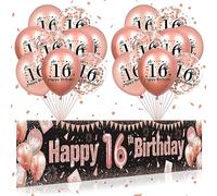16th Birthday Decorations for Girls - Rose Gold and Black Yard Banner and 18 PCS Balloons for Anniversary Party Supplies - Indoor Outdoor Yard Decor