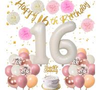 16th Birthday Decorations for Women Girls - White Number 16 Foil Balloon, 16th Banner, Cake Topper & 10/12in Round Latex Balloons with Paper Pom Poms - Pink Birthday Party Supplies