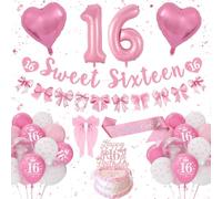 16th Birthday Decorations Girls, Pink Birthday Decoration Set Happy 16th Birthday Banner Bunting, Bow Pink White Balloons, Number 16 Heart Foilballoons, Hair Clips, Sash, Pink Bow Party Deco 16 Girls