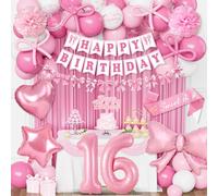16th Birthday Decorations Girls, Pink Bow Birthday Decoration Set, Happy Birthday Banner Bunting, Bow Pink White Balloons, Number 16 Heart Star Foilballoon, Foil Curtain, Sash, Bow Party Deco 16 Girls