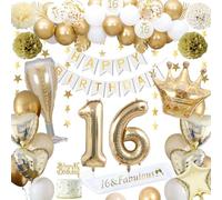 16th Birthday Decorations, Gold 16th Birthday Decorations for Boys Girls Gold White Balloons HAPPY BIRTHDAY Banner Number 16 Balloons Crown Star Heart Balloon Cake Topper