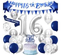 16th Birthday Decorations, Navy Blue and Silver Balloons Happy 16th Birthday Banner, Number 16 Foil Balloons, Cake Topper and Sash for Party Supplies