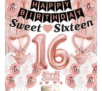 16th Birthday Decorations Rose Gold - Happy Birthday Sweet Sixteen Banner Latex Balloons Foil Balloon, Cake Toppers Tassel Curtain for 16 Years Old Girls Party Decoration Supplies