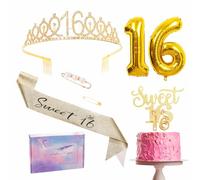 16th Birthday Decorations Set - Gold 16th Birthday Sash and Tiara Party Crown, Cake Topper and Candles, Number 16 Foil Balloons, Party Supplies, 16th Year Old Gifts for Girl Her