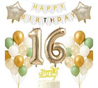 16th Birthday Decorations Set Light Gold White Sage Green Theme Happy Birthday Banner Balloon Decor Photo Backdrop for Boys Girls Kids Turning 16 Age 16 Party Supplies Celebration Decor Event Bundle
