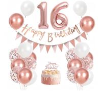 16th Birthday Decorations Set, Rose Gold and White Balloons, 25-Piece | Includes 2 number-shaped balloons, 20 round balloons, 2 hanging banners and 1 cake topper, for indoor party displays