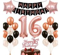 16th Birthday Decorations Set Rose Gold Black Theme Happy Birthday Banner Balloon Decor Photo Backdrop for Boys Girls Kids Turning 16 Age 16 Party Supplies Celebration Decor Event Bundle Bunting Set