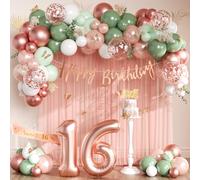 16th Birthday Decorations, Sweet 16 Birthday Decorations Set With Sage Green and Rose Gold Balloons, Happy Birthday Banner, Number 16 Balloons, Sash, Cake Topper for 16 Year Old Party Supplies