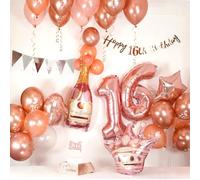 16th Birthday Decorations, Sweet 16 Sash, Rose Gold Birthday Decoration, Girl Birthday Party Decorations Set with Rose Gold Foil Balloons, Happy Birthday Banner, Champagne Balloon, Banner