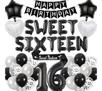 16th Birthday Decorations Sweet Sixteen - Black and Silver Happy Birthday Banner Number Letter Foil Balloons, Sash for 16 Years Old Boys Party Decoration Supplies