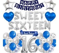 16th Birthday Decorations Sweet Sixteen - Blue and Silver Happy Birthday Banner Number Letter Foil Balloons, Sash for 16 Years Old Boys Party Decoration Supplies