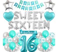 16th Birthday Decorations Sweet Sixteen - Blue Happy Birthday Banner Number Letter Foil Balloons, Sash for 16 Years Old Girls Party Decoration Supplies