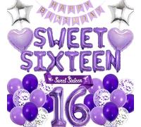 16th Birthday Decorations Sweet Sixteen - Purple Happy Birthday Banner Number Letter Foil Balloons, Sash for 16 Years Old Girls Party Decoration Supplies