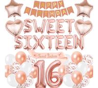 16th Birthday Decorations Sweet Sixteen - Rose Gold Happy Birthday Banner Number Letter Foil Balloons, Sash for 16 Years Old Girls Party Decoration Supplies