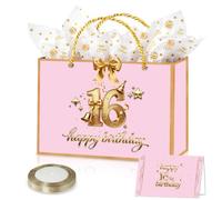 16th Birthday Gift Bag for Grils, 28 * 20 * 10cm Luxury Pink Birthday medium Gift Bag with Tissue Paper, Sheets Card and Ribbon for Her 16th Birthdays Present Party Decorations
