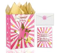 16th Birthday Gift Bag With Tissue Paper, 13" Pink Gift Bag With Card for 16 Year Old Girl