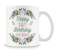 16th Birthday Gift for Girls - Birthday Flowers Design Personalised Mug/Cup - Add Name