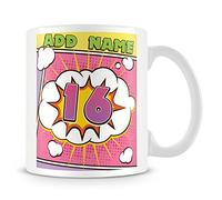 16th Birthday Gift for Girls - Personalised Mug/Cup - Add Name - Comic Boom Design - Pink