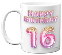 16th Birthday Gift for Girls - Pink Purple Glitter Balloons - Happy Birthday Mug Present for 16 Year Old Daughter Sister Granddaughter Cousin Friend, 11oz Ceramic Dishwasher Safe Coffee Mugs Cup