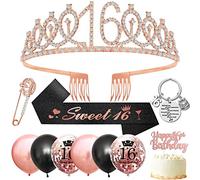 16th Birthday Gifts for Girls: Decorations, Sash, Tiara, Crown, Rose Gold Balloons, Cake Topper & Keyring