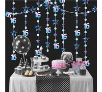 16th Birthday Hanging Swirls Decorations Blue Glitter 16 Circle Dots Star Garland Party Decorations Metallic Hanging Bunting Banner for 16th Birthday Wedding Anniversary Bridal Party